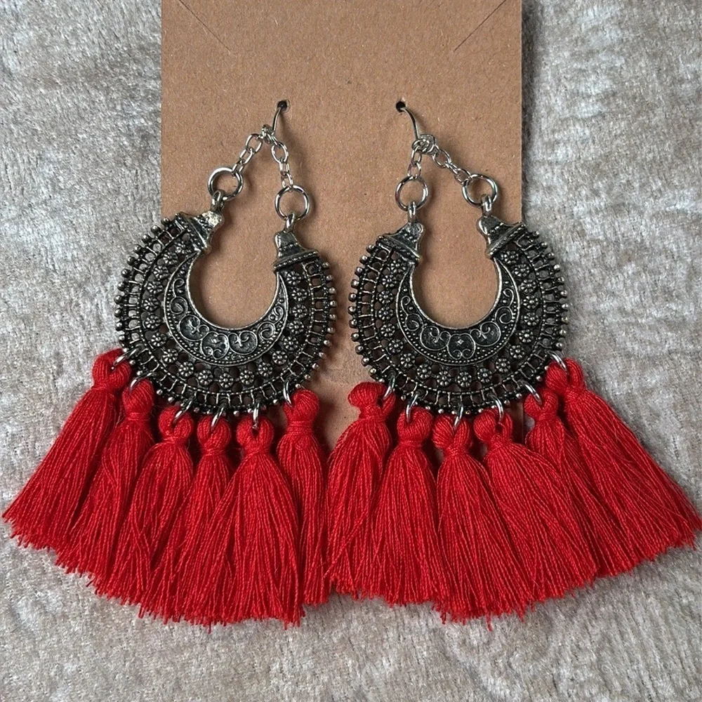 Brand New Red Tassel Oxidized Metal Floral Crescent Boho Festival Drop Earrings